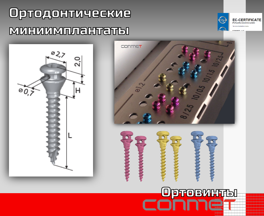 Ортодонтические миниимплантаты КОНМЕТ - титановый сплав Ti6Al7Nb ISO 5832-11 (ASTM А 1295-05).