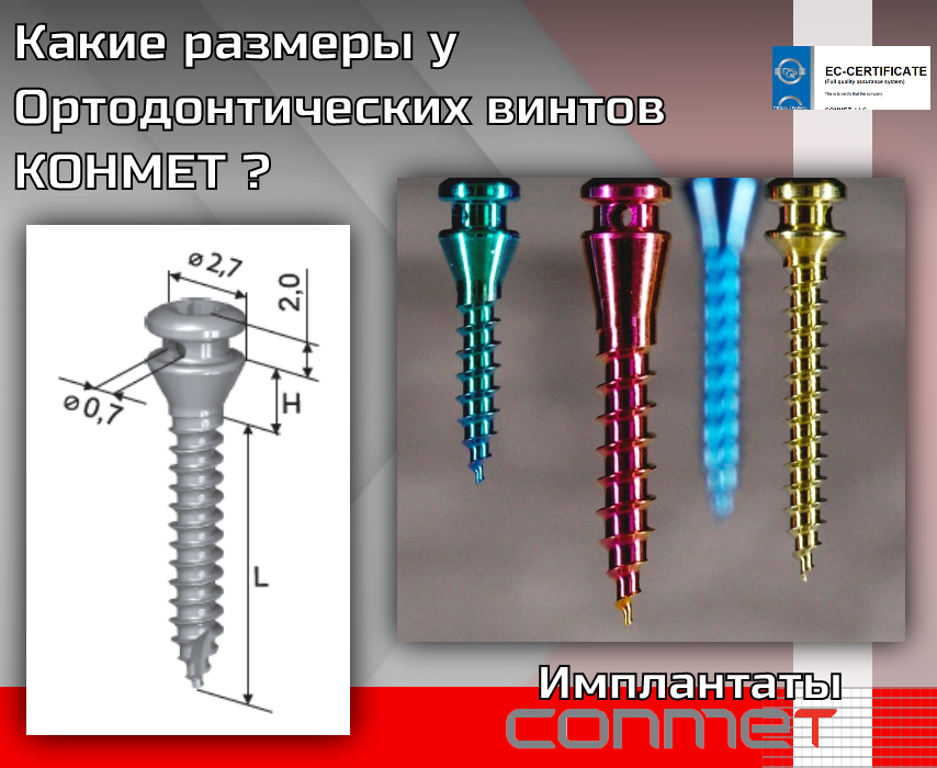 Какие размеры у Ортодонтических винтов КОНМЕТ ?